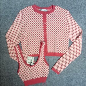 Zara Pink and Cream Checkered Knit Cardigan and Tank Set